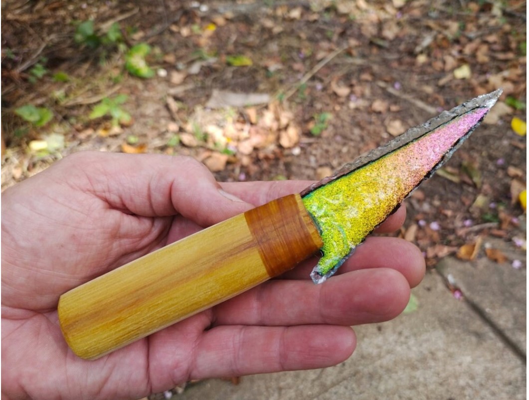 Dichroic glass knife in Osage orange handle.